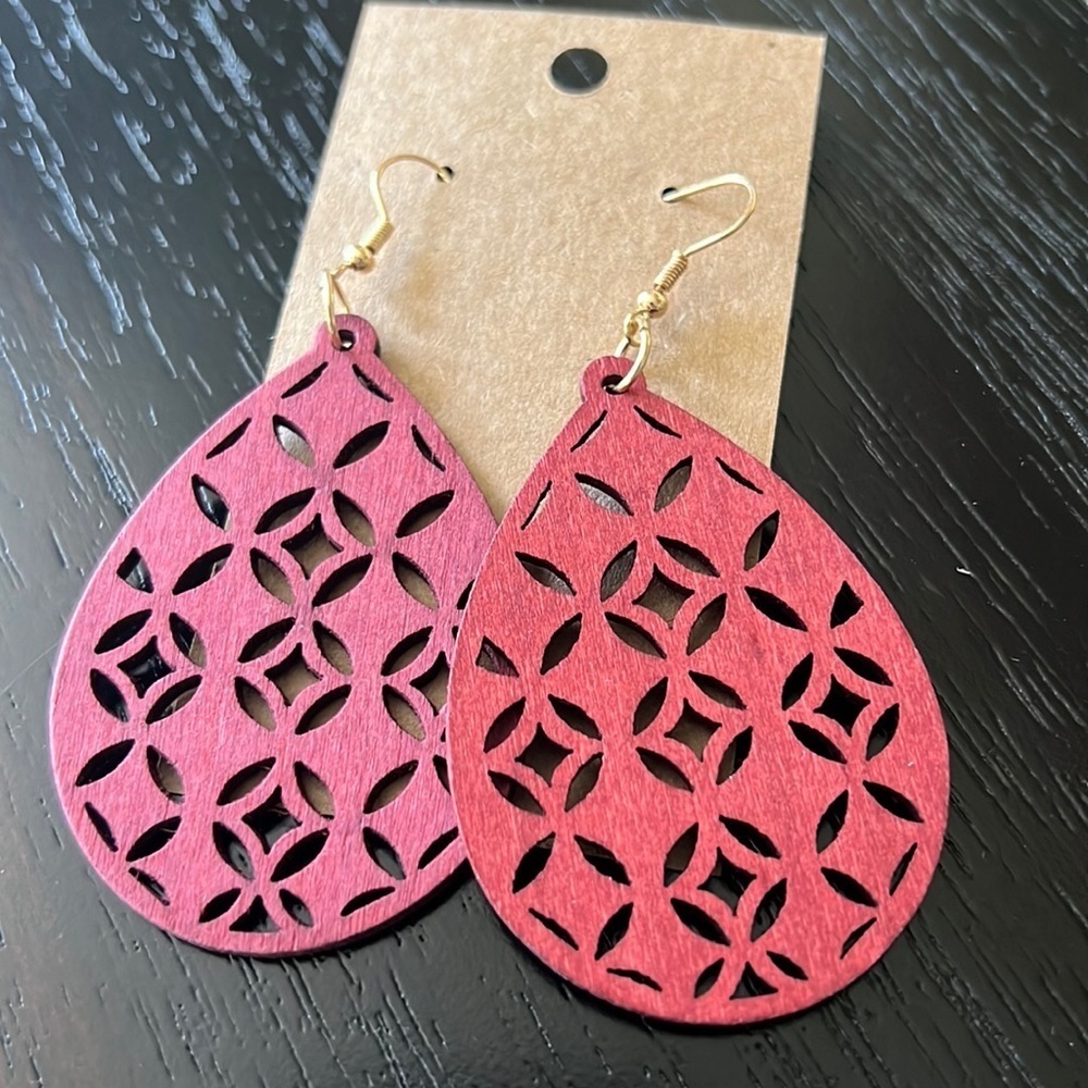 STAINED dark red wooden laser cut earrings-NWT
